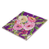 Waterverf Rozen in Roze en Cream Paarse Glitter Tegeltje (Zijkant)