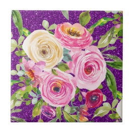 Waterverf Rozen in Roze en Cream Paarse Glitter Tegeltje