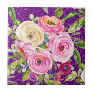 Waterverf Rozen in Roze en Cream Paarse Glitter Tegeltje