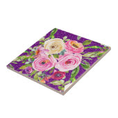 Waterverf Rozen in Roze en Cream Paarse Glitter Tegeltje (Zijkant)
