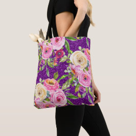Waterverf Rozen in Roze en Cream Paarse Glitter Tote Bag