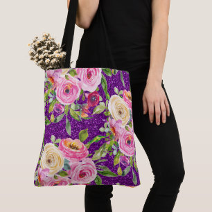 Waterverf Rozen in Roze en Cream Paarse Glitter Tote Bag