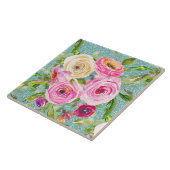 Waterverf Rozen in roze en crème op Aqua Glitter Tegeltje (Zijkant)