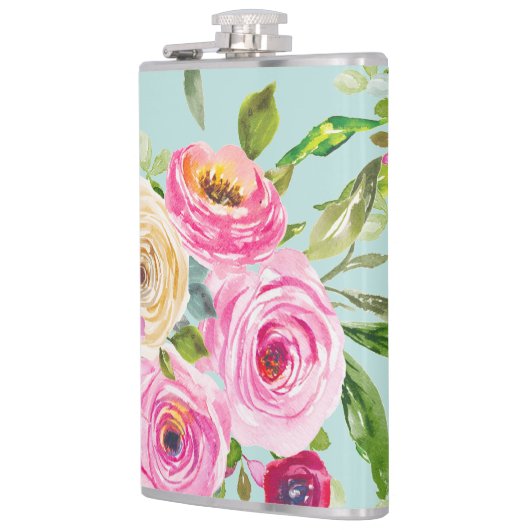 Waterverf Rozen in roze en crème op Aqua Heupfles (Links)