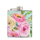 Waterverf Rozen in roze en crème op Aqua Heupfles (Voorkant)