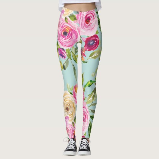 Waterverf Rozen in roze en crème op Aqua Leggings (Voorkant)