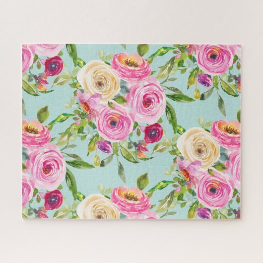 Waterverf Rozen in roze en crème op Aqua Legpuzzel (Horizontaal)