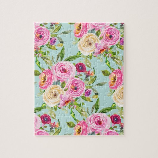 Waterverf Rozen in roze en crème op Aqua Legpuzzel (Verticaal)