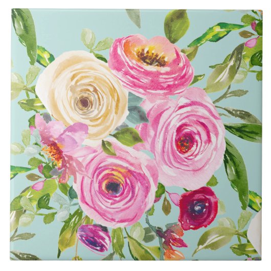 Waterverf Rozen in roze en crème op Aqua Tegeltje (Voorkant)