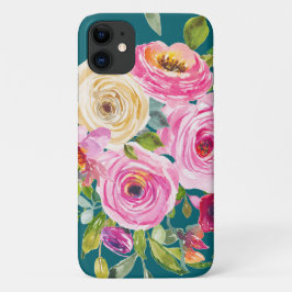 Waterverf Rozen in roze en crème op Blauwgroen Case-Mate iPhone Case