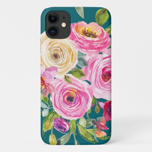 Waterverf Rozen in roze en crème op Blauwgroen Case-Mate iPhone Case (Achterkant)