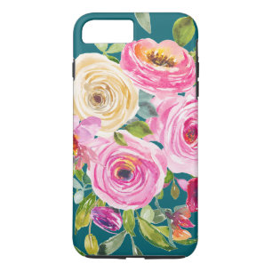 Waterverf Rozen in roze en crème op Blauwgroen iPhone 8/7 Plus Hoesje