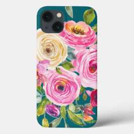 Waterverf Rozen in roze en crème op Blauwgroen Case-Mate iPhone Case