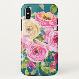Waterverf Rozen in roze en crème op Blauwgroen Case-Mate iPhone Case