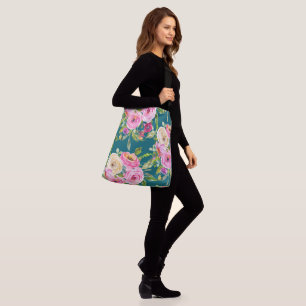Waterverf Rozen in roze en crème op Blauwgroen Crossbody Tas
