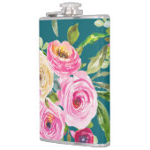 Waterverf Rozen in roze en crème op Blauwgroen Heupfles (Links)