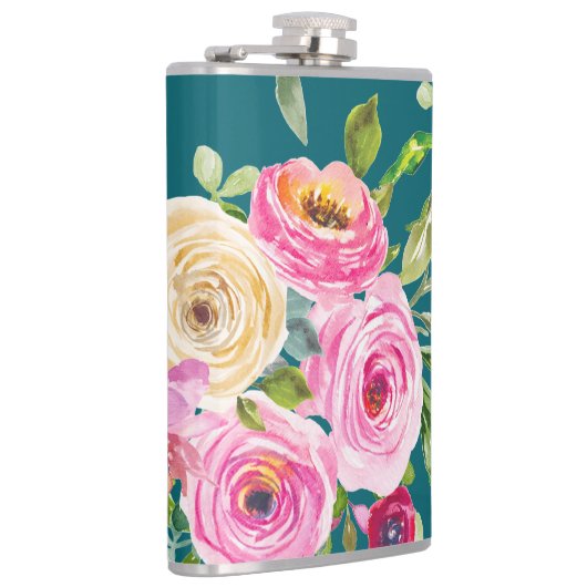 Waterverf Rozen in roze en crème op Blauwgroen Heupfles (Rechts)