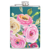 Waterverf Rozen in roze en crème op Blauwgroen Heupfles (Voorkant)