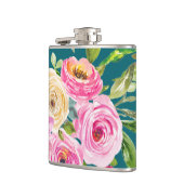 Waterverf Rozen in roze en crème op Blauwgroen Heupfles (Links)