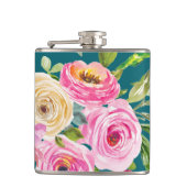 Waterverf Rozen in roze en crème op Blauwgroen Heupfles (Voorkant)