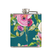 Waterverf Rozen in roze en crème op Blauwgroen Heupfles (Achterkant)