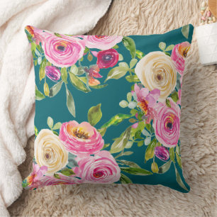Waterverf Rozen in roze en crème op Blauwgroen Kussen
