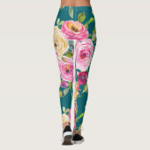 Waterverf Rozen in roze en crème op Blauwgroen Leggings (Achterkant)