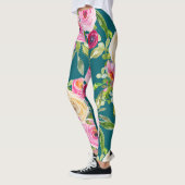 Waterverf Rozen in roze en crème op Blauwgroen Leggings (Links)