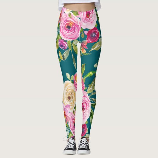 Waterverf Rozen in roze en crème op Blauwgroen Leggings (Voorkant)