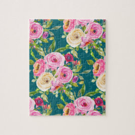 Waterverf Rozen in roze en crème op Blauwgroen Legpuzzel