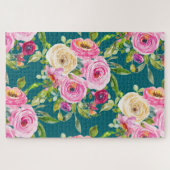 Waterverf Rozen in roze en crème op Blauwgroen Legpuzzel (Horizontaal)