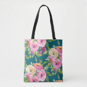 Waterverf Rozen in roze en crème op Blauwgroen Tote Bag (Voorkant)