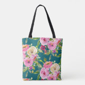 Waterverf Rozen in roze en crème op Blauwgroen Tote Bag (Achterkant)
