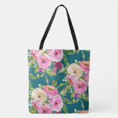 Waterverf Rozen in roze en crème op Blauwgroen Tote Bag (Voorkant)