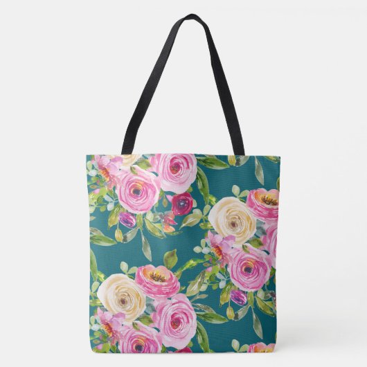 Waterverf Rozen in roze en crème op Blauwgroen Tote Bag (Voorkant)