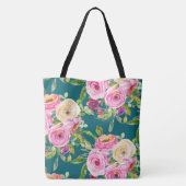 Waterverf Rozen in roze en crème op Blauwgroen Tote Bag (Achterkant)