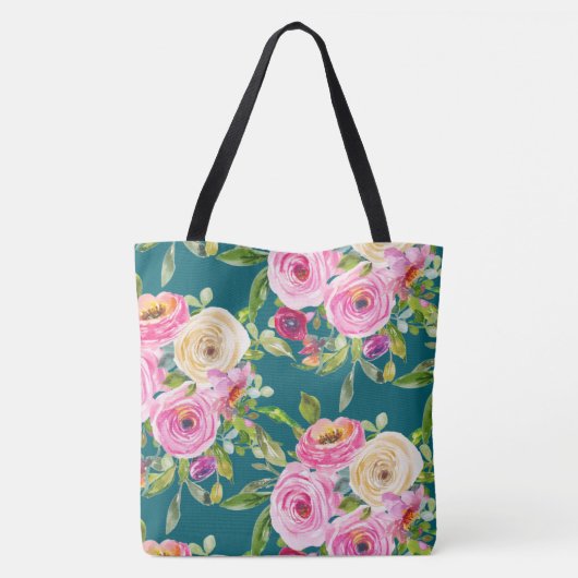 Waterverf Rozen in roze en crème op Blauwgroen Tote Bag (Achterkant)