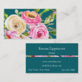 Waterverf Rozen in roze en crème op Blauwgroen Visitekaartje (Voorkant / Achterkant)