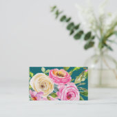 Waterverf Rozen in roze en crème op Blauwgroen Visitekaartje (Staand voorkant)