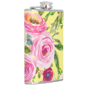 Waterverf Rozen in roze en crème op geel Heupfles (Rechts)