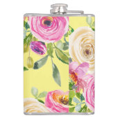 Waterverf Rozen in roze en crème op geel Heupfles (Achterkant)