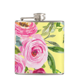 Waterverf Rozen in roze en crème op geel Heupfles