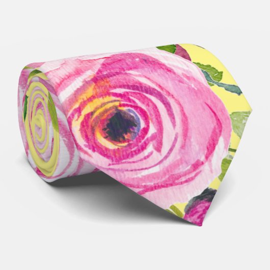 Waterverf Rozen in roze en crème op geel Stropdas (Opgerold)