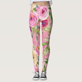 Waterverf Rozen in roze en crème op roze glitter Leggings