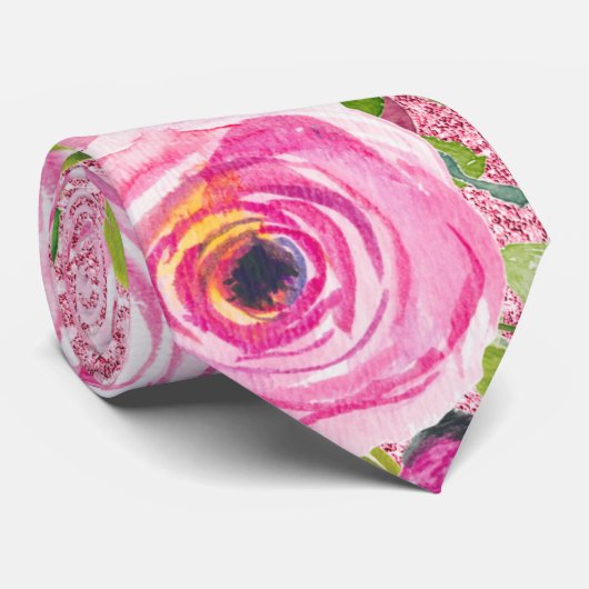 Waterverf Rozen in roze en crème op roze glitter Stropdas (Opgerold)