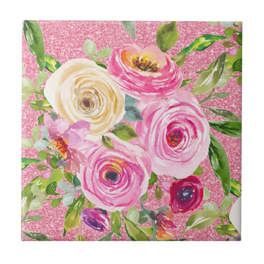 Waterverf Rozen in roze en crème op roze glitter Tegeltje (Voorkant)