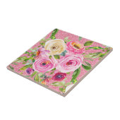 Waterverf Rozen in roze en crème op roze glitter Tegeltje (Zijkant)