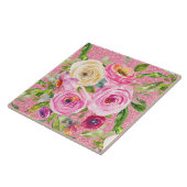 Waterverf Rozen in roze en crème op roze glitter Tegeltje (Zijkant)