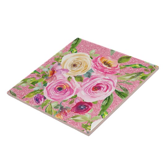 Waterverf Rozen in roze en crème op roze glitter Tegeltje (Zijkant)
