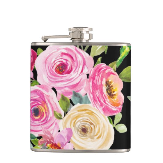 Waterverf Rozen in roze en crème op zwart Heupfles (Voorkant)